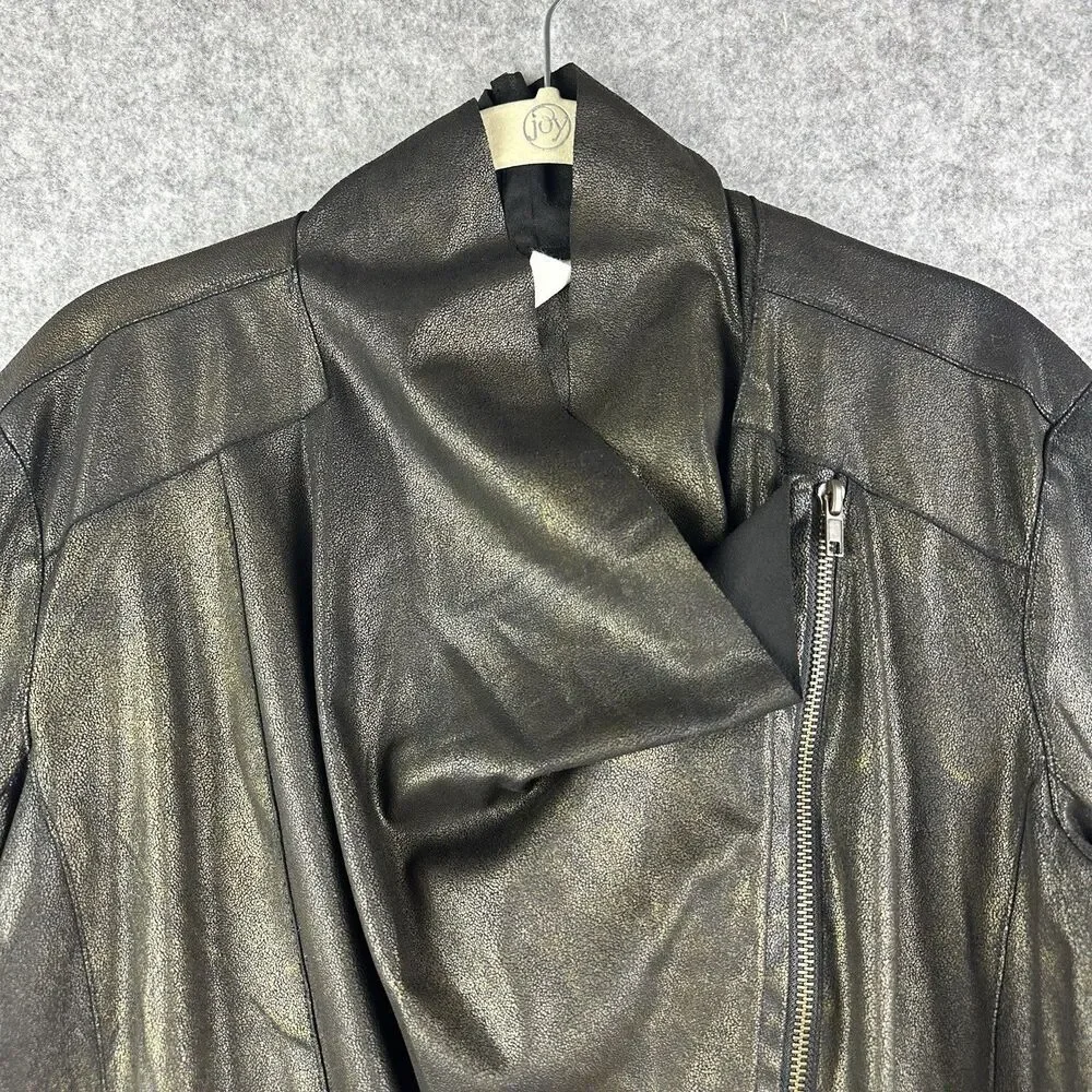 Mote Anthropologie Jacket Women XL Black Gold Foil Faux Leather Moto Lightweight